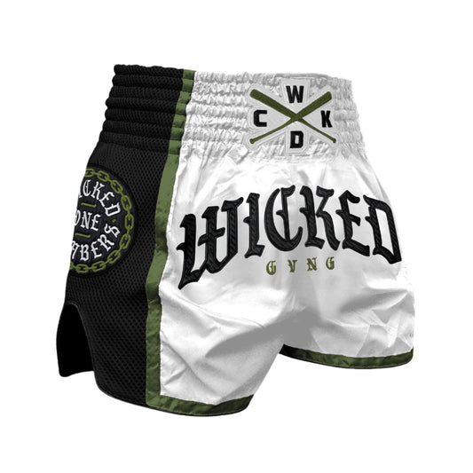 WICKED1X MUAY THAI SHORTS BROTHERHOOD WHITE KHAKI